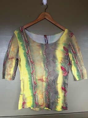 Eva & Claudi Tie Dye Botanical Scoop Neck Top 3/4 sleeve Danish Design Small